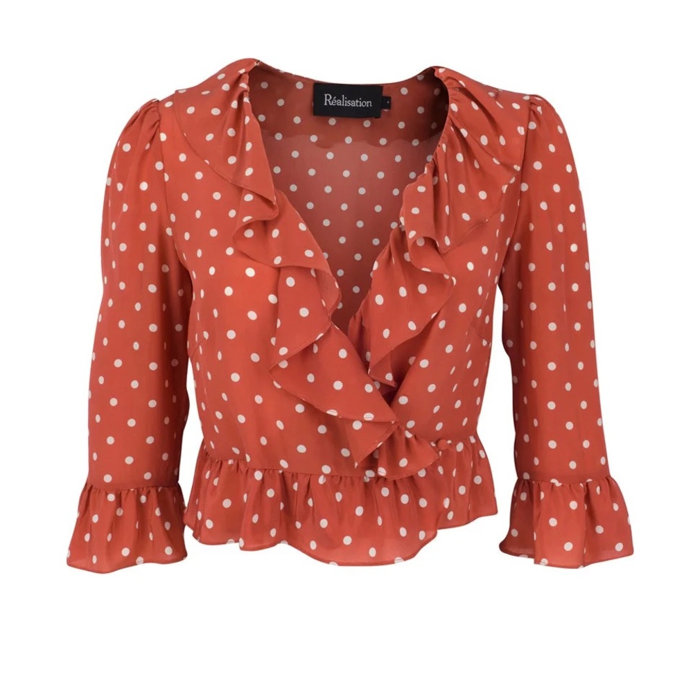 Realisation Par Silk Polka Dot Print Ruffle Crop Blouse